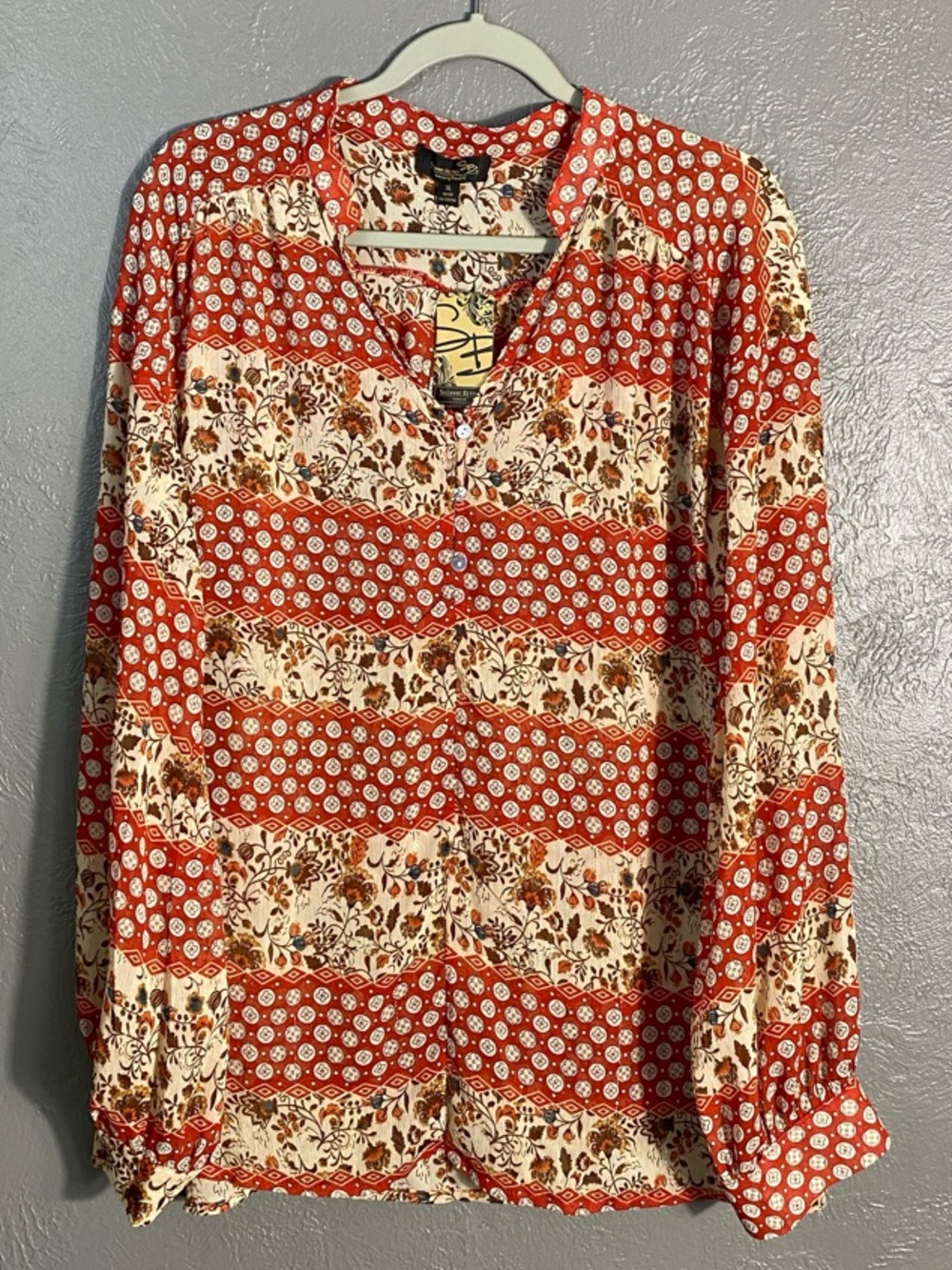 Suzanne Betro Signature Puff Balloon Sleeve Henley Tunic Top XL Resort Airy